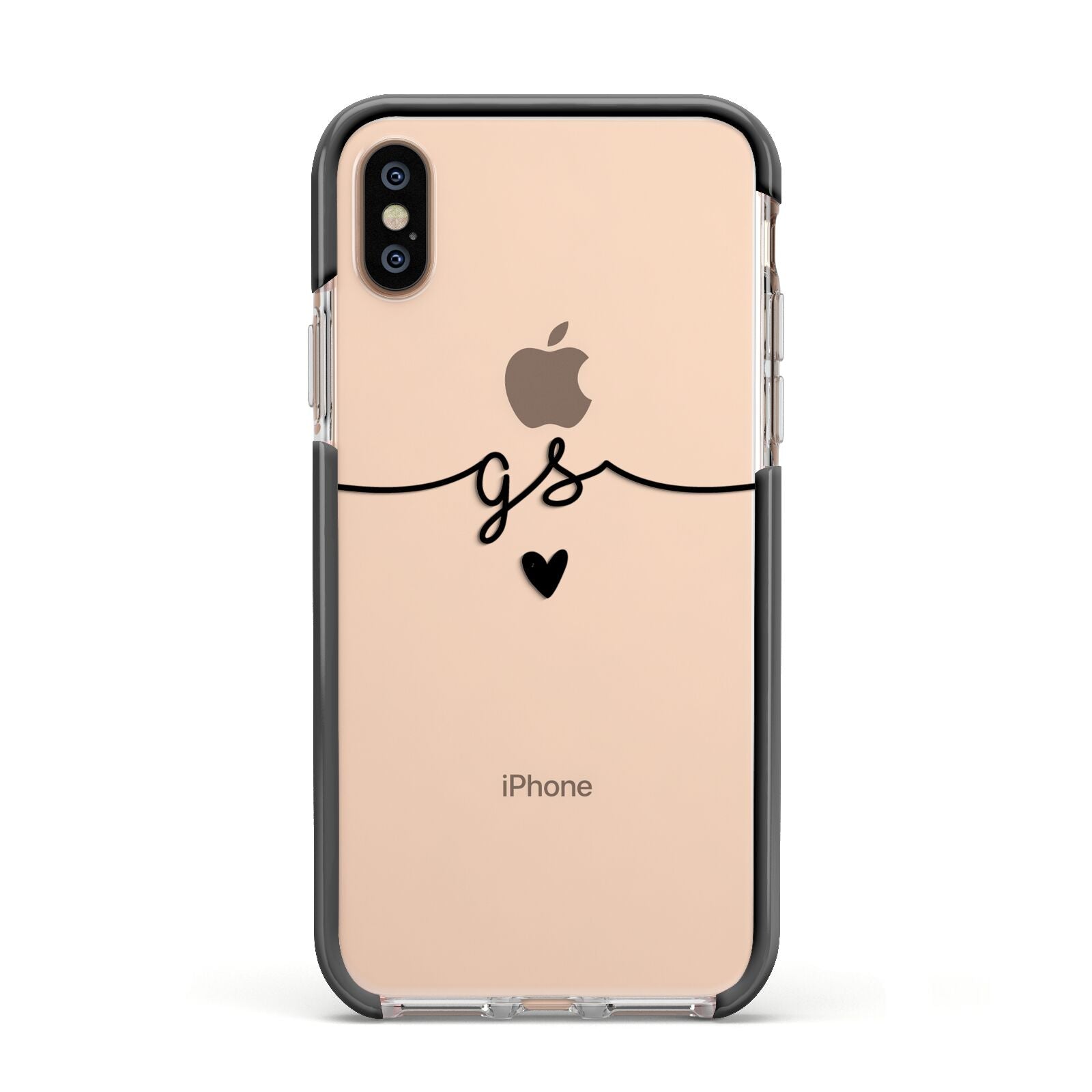 Personalised Black Initials Or Name Clear Custom Apple iPhone Xs Impact Case Black Edge on Gold Phone