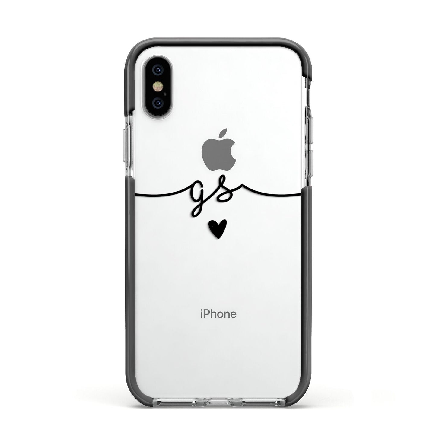 Personalised Black Initials Or Name Clear Custom Apple iPhone Xs Impact Case Black Edge on Silver Phone