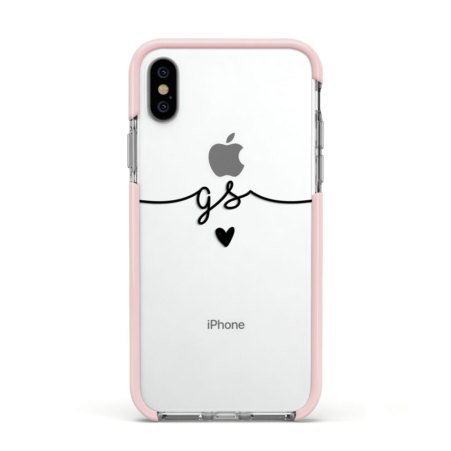 Personalised Black Initials Or Name Clear Custom Apple iPhone Xs Impact Case Pink Edge on Silver Phone