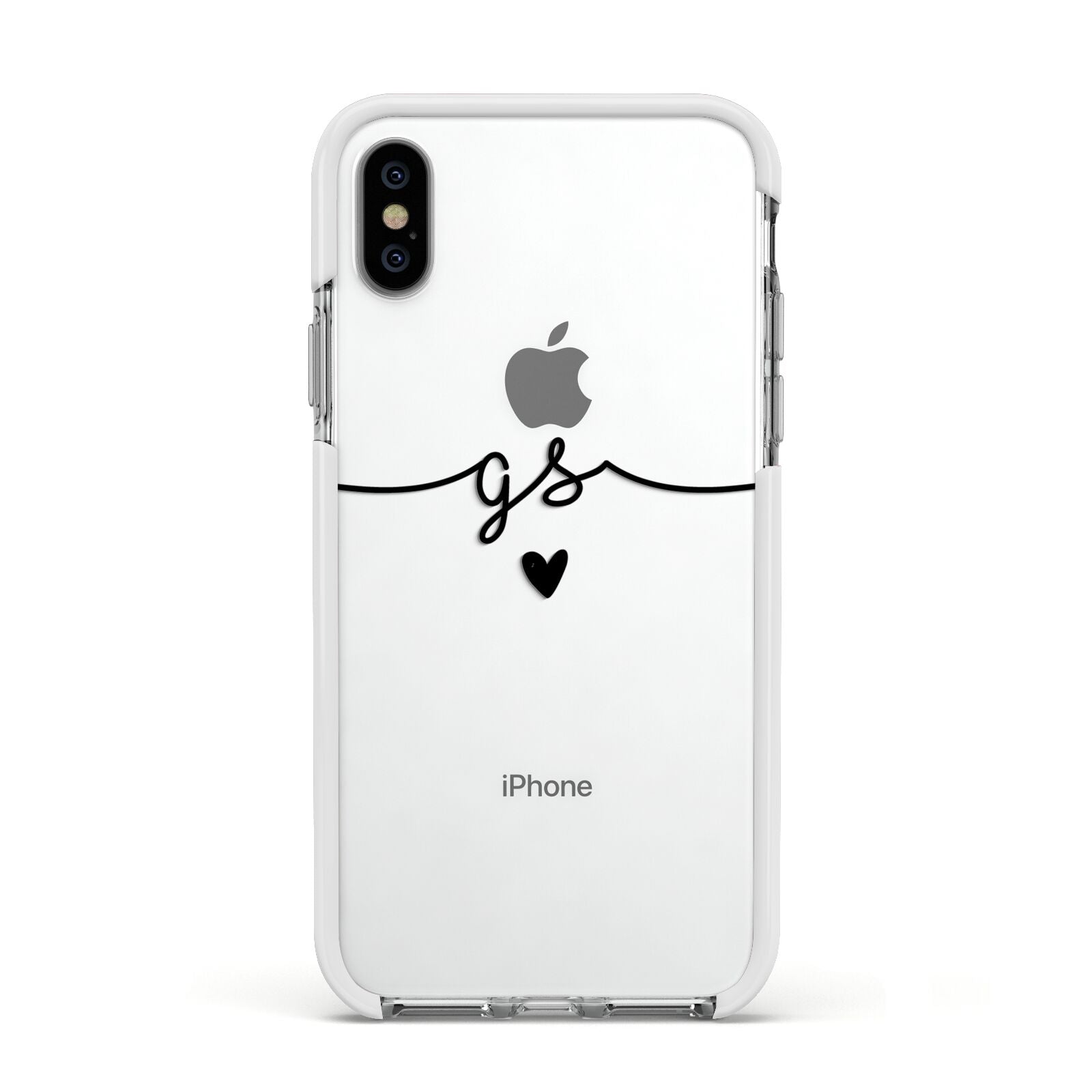 Personalised Black Initials Or Name Clear Custom Apple iPhone Xs Impact Case White Edge on Silver Phone
