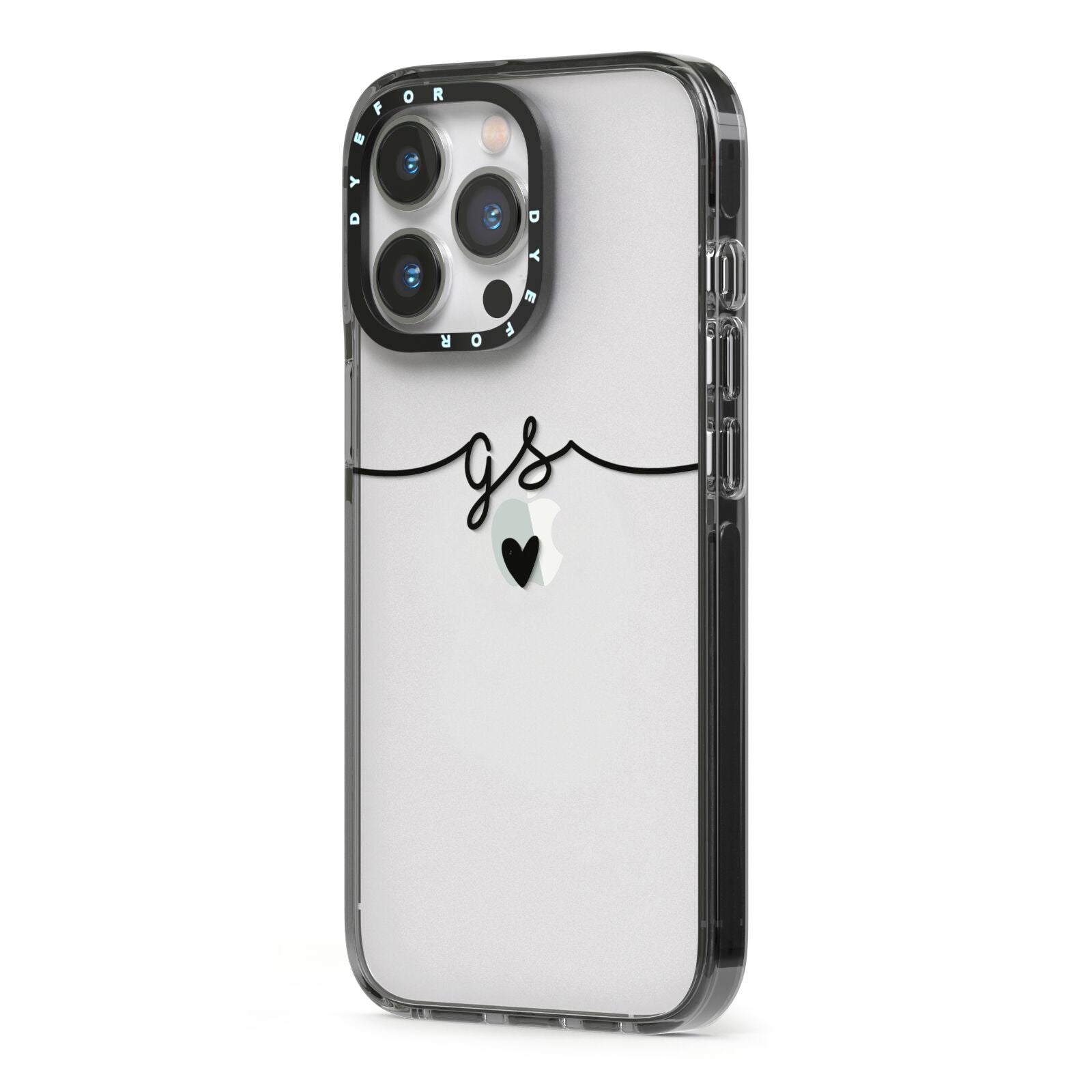 Personalised Black Initials Or Name Clear Custom iPhone 13 Pro Black Impact Case Side Angle on Silver phone