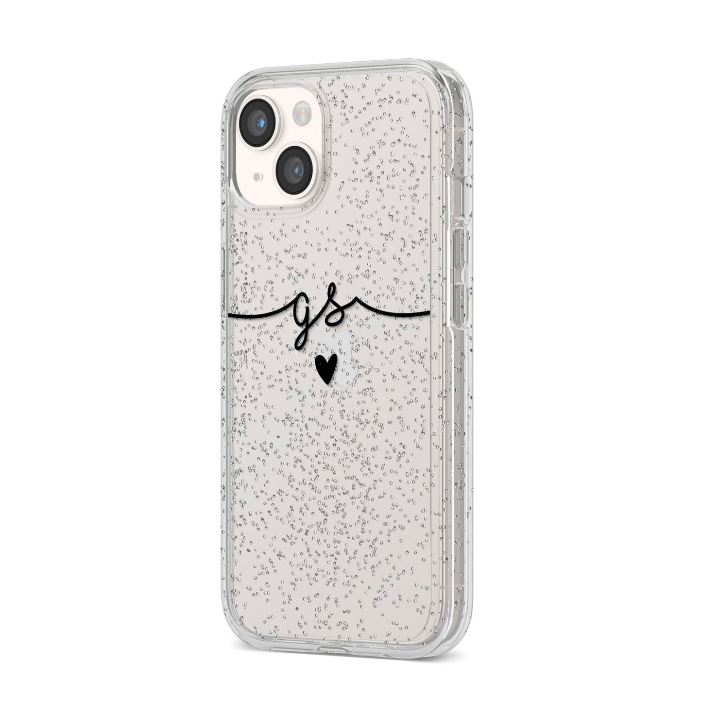 Personalised Black Initials Or Name Clear Custom iPhone 14 Glitter Tough Case Starlight Angled Image