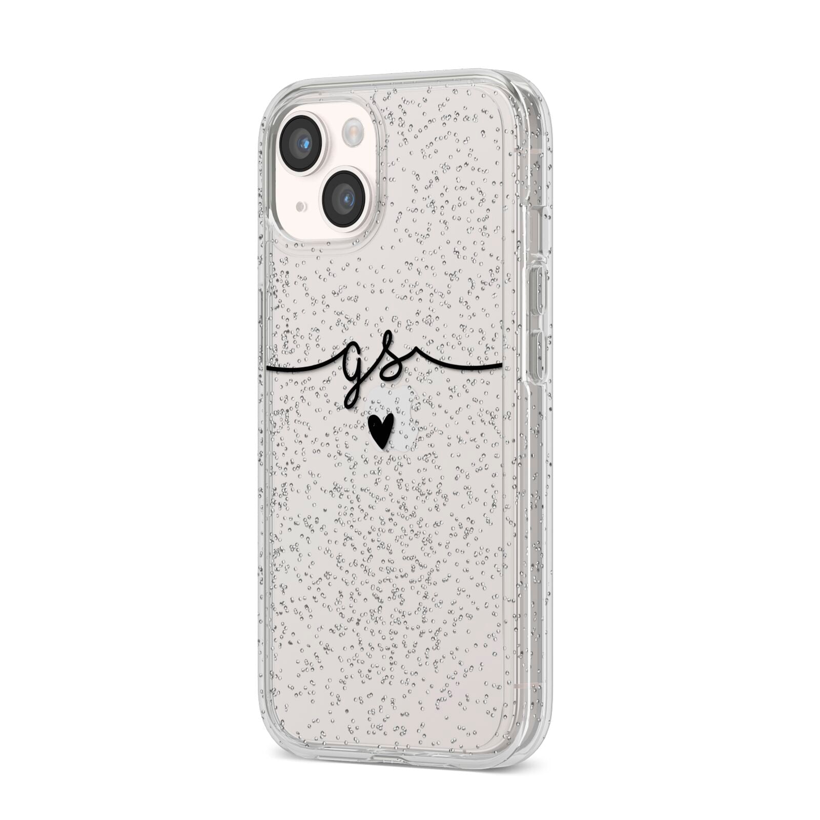 Personalised Black Initials Or Name Clear Custom iPhone 14 Glitter Tough Case Starlight Angled Image