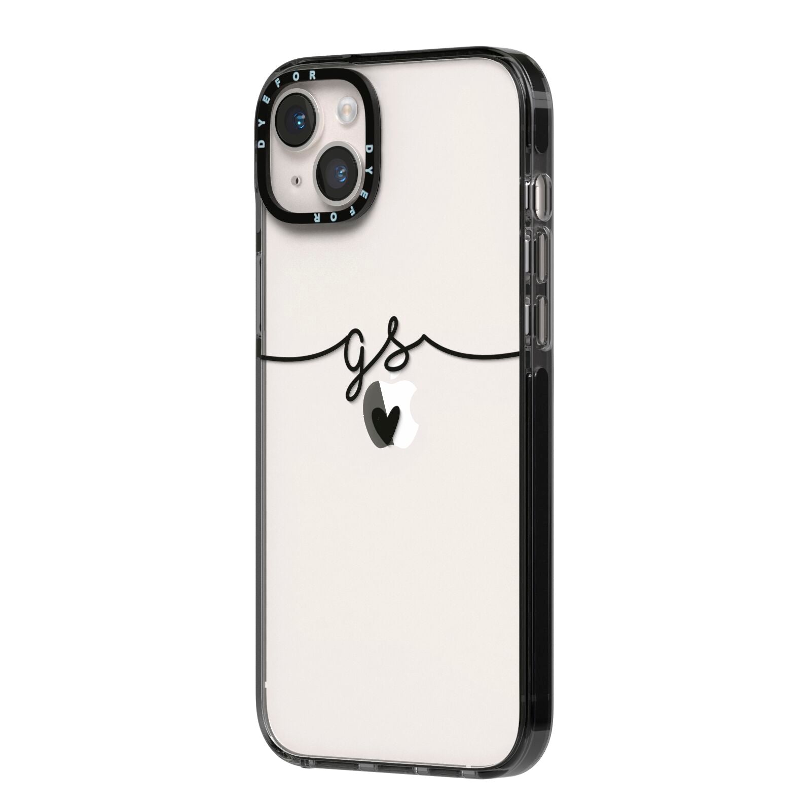Personalised Black Initials Or Name Clear Custom iPhone 14 Plus Black Impact Case Side Angle on Silver phone