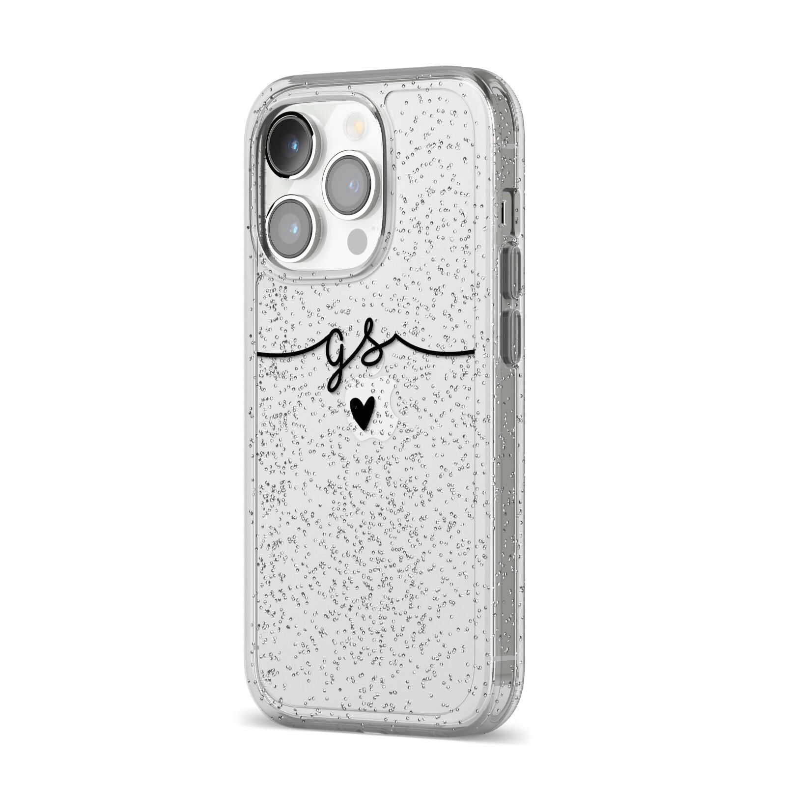 Personalised Black Initials Or Name Clear Custom iPhone 14 Pro Glitter Tough Case Silver Angled Image