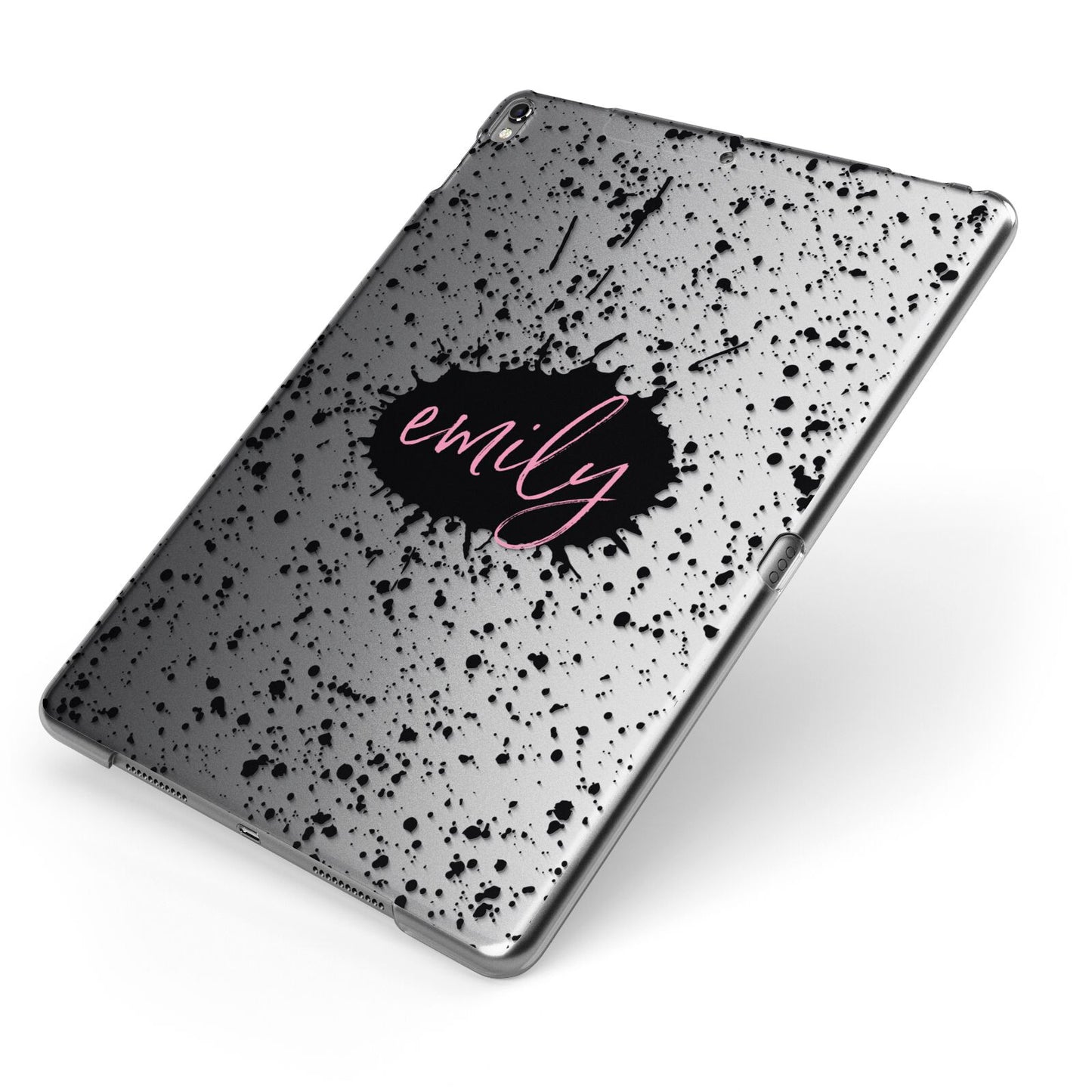 Personalised Black Ink Splat Clear Name Apple iPad Case on Grey iPad Side View