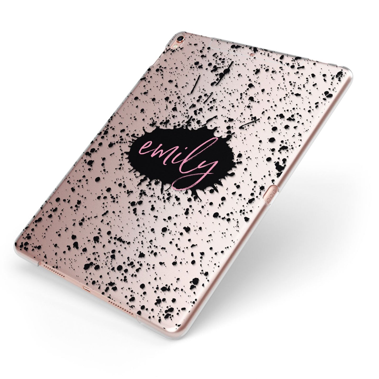 Personalised Black Ink Splat Clear Name Apple iPad Case on Rose Gold iPad Side View