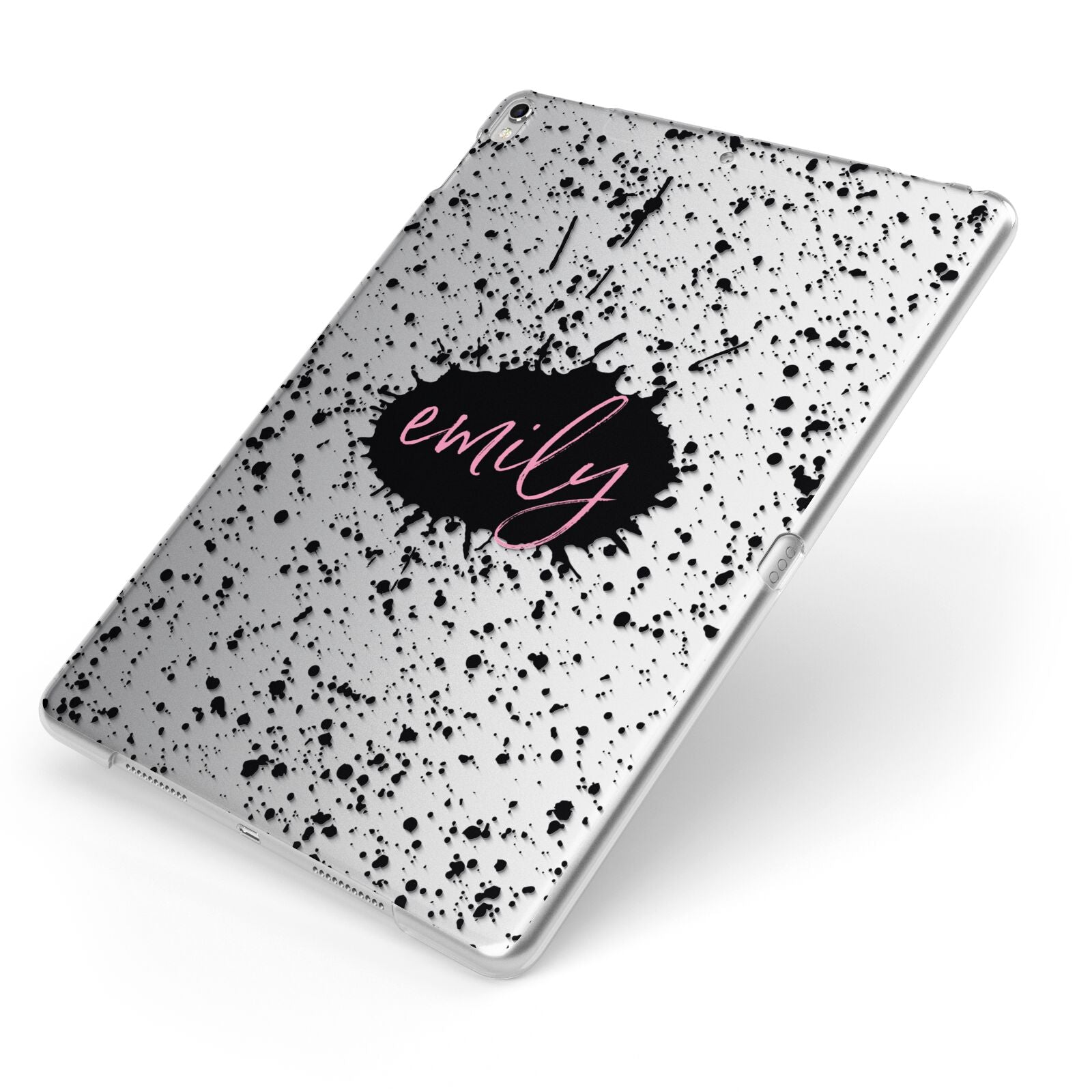 Personalised Black Ink Splat Clear Name Apple iPad Case on Silver iPad Side View