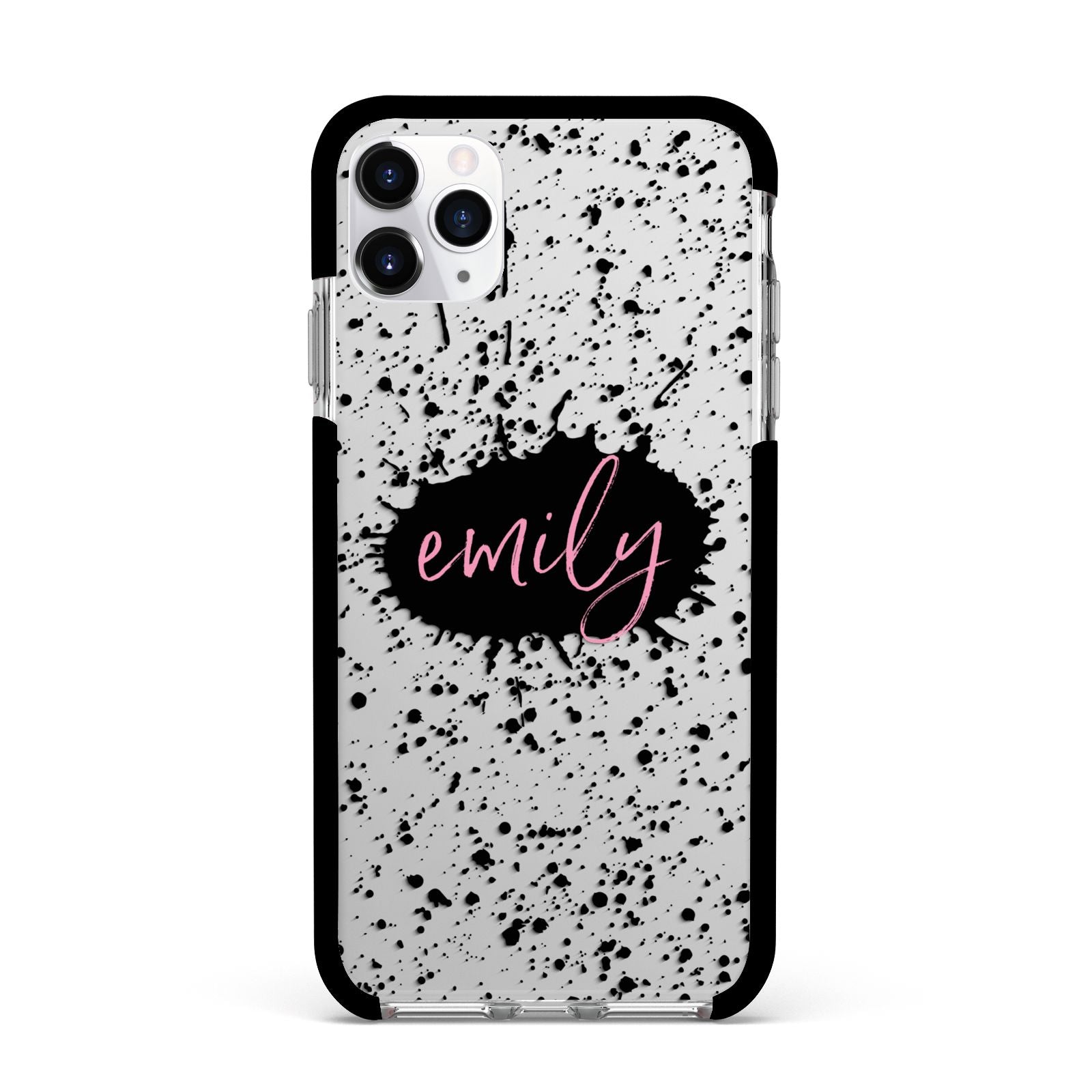 Personalised Black Ink Splat Clear Name Apple iPhone 11 Pro Max in Silver with Black Impact Case