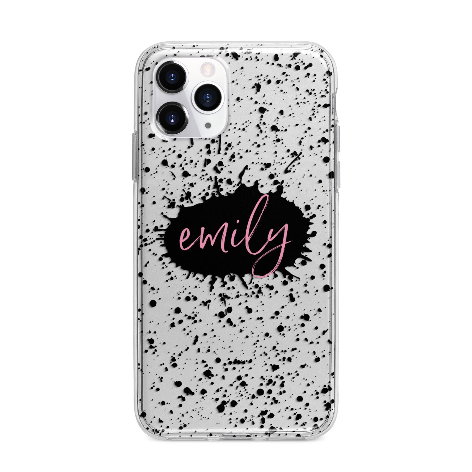 Personalised Black Ink Splat Clear Name Apple iPhone 11 Pro Max in Silver with Bumper Case