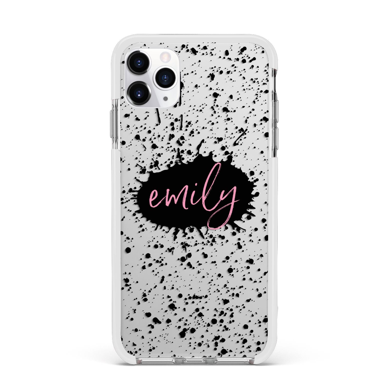 Personalised Black Ink Splat Clear Name Apple iPhone 11 Pro Max in Silver with White Impact Case