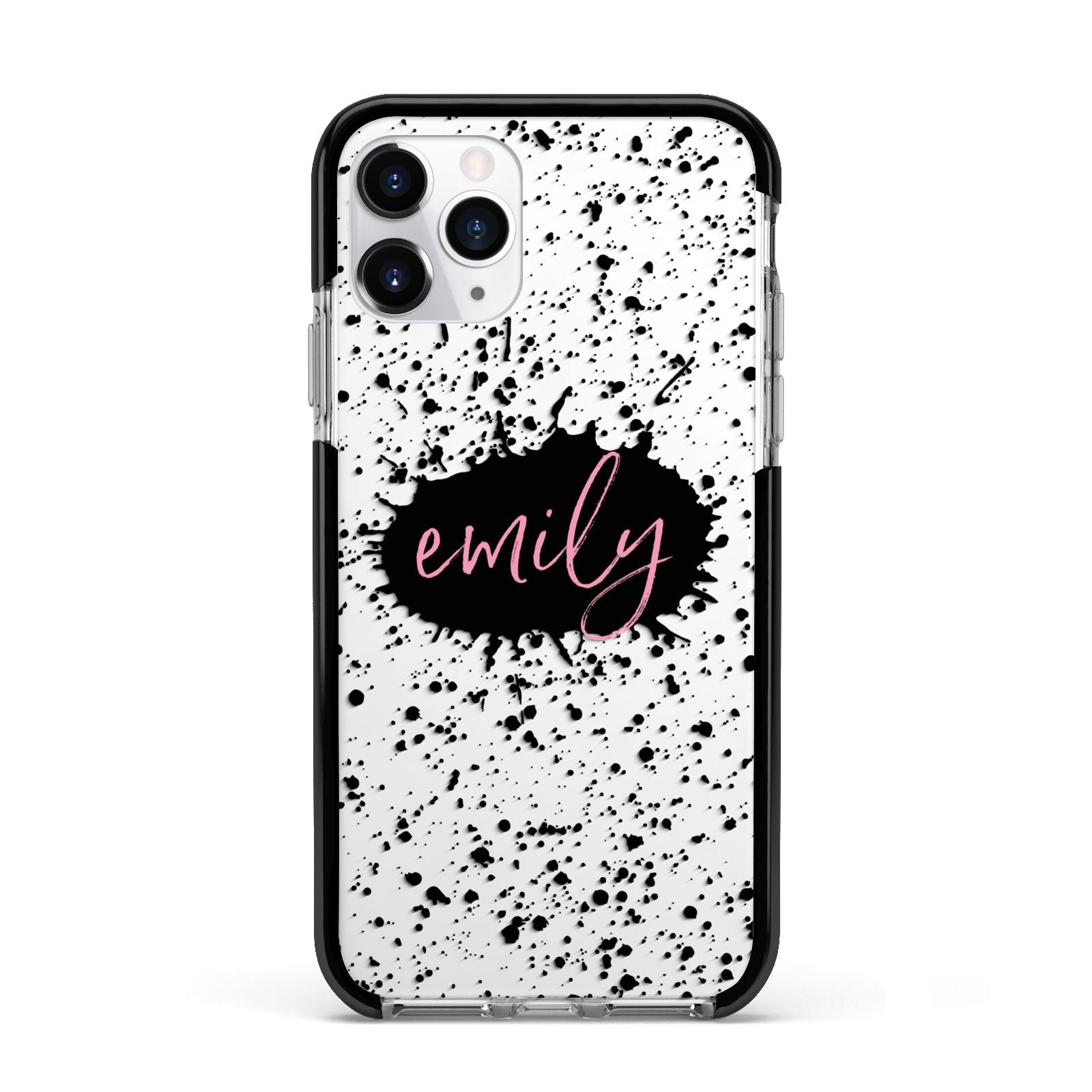 Personalised Black Ink Splat Clear Name Apple iPhone 11 Pro in Silver with Black Impact Case