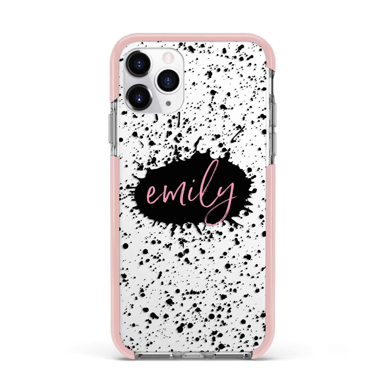Personalised Black Ink Splat Clear Name Apple iPhone 11 Pro in Silver with Pink Impact Case