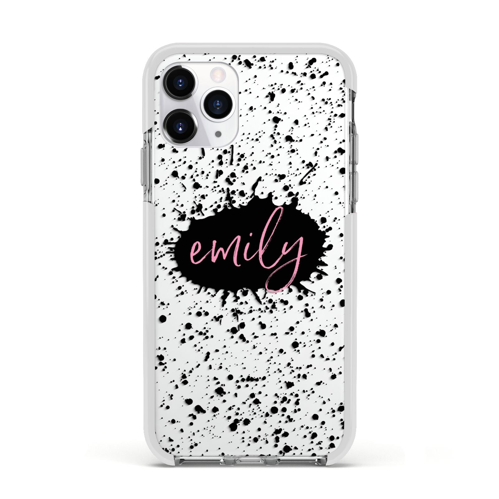 Personalised Black Ink Splat Clear Name Apple iPhone 11 Pro in Silver with White Impact Case