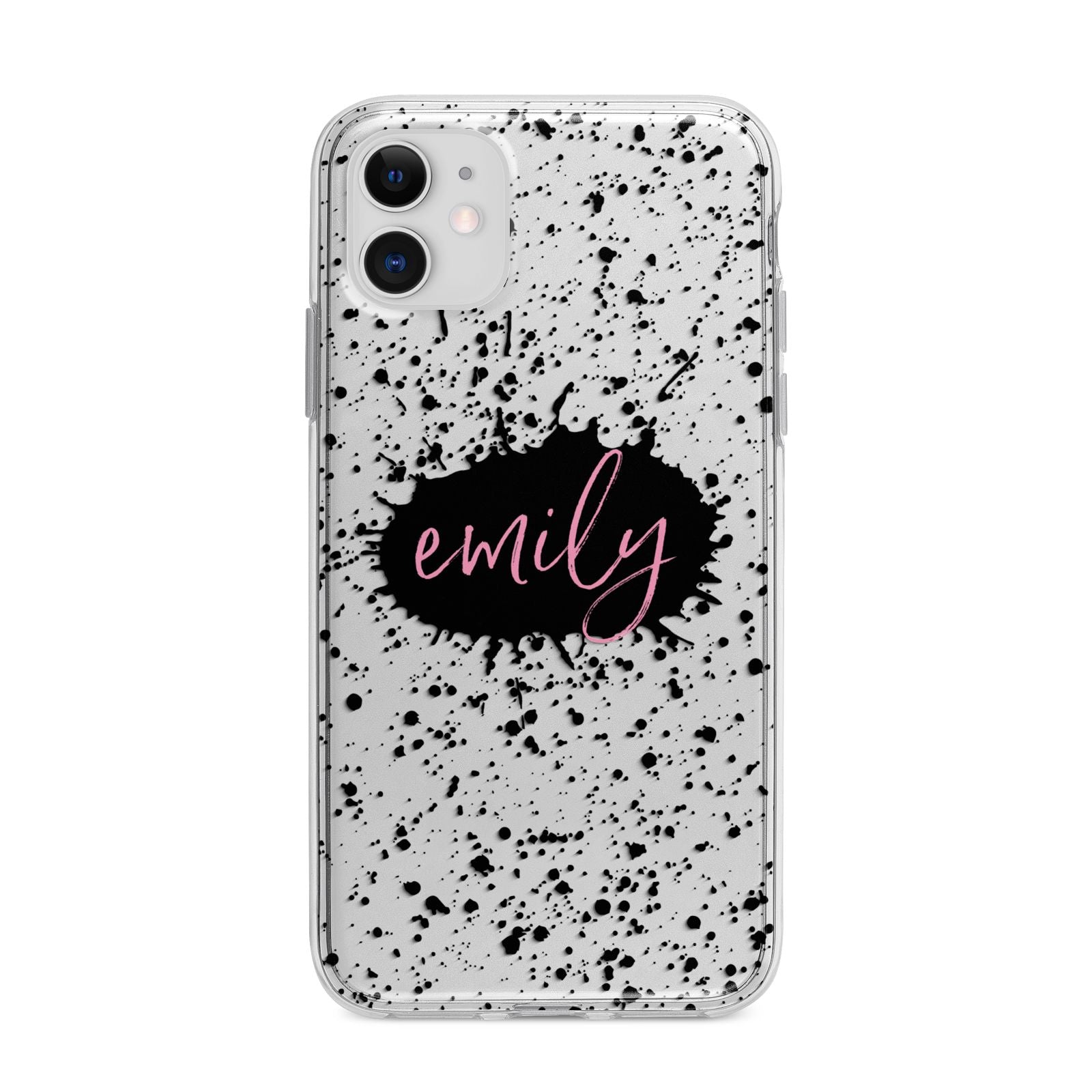 Personalised Black Ink Splat Clear Name Apple iPhone 11 in White with Bumper Case