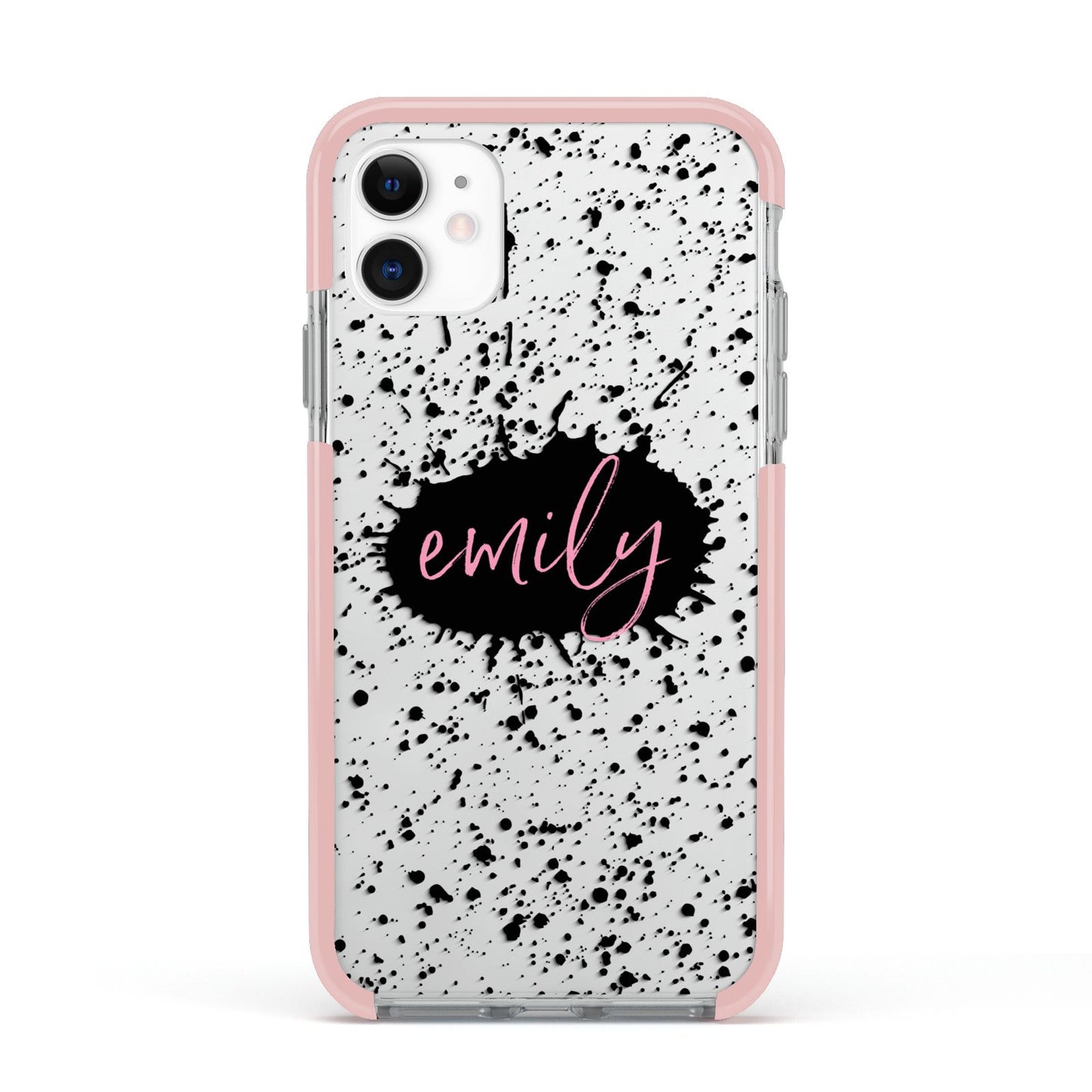 Personalised Black Ink Splat Clear Name Apple iPhone 11 in White with Pink Impact Case