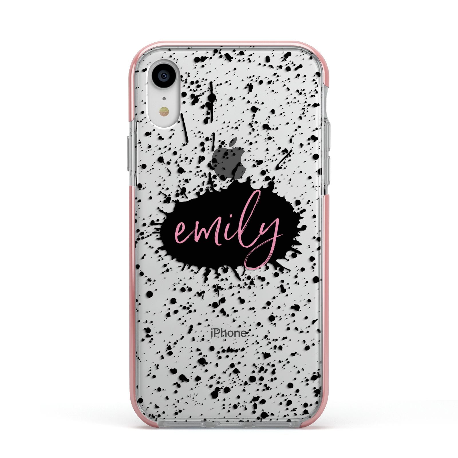 Personalised Black Ink Splat Clear Name Apple iPhone XR Impact Case Pink Edge on Silver Phone