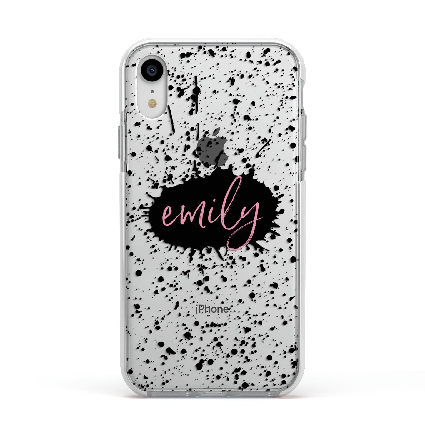 Personalised Black Ink Splat Clear Name Apple iPhone XR Impact Case White Edge on Silver Phone