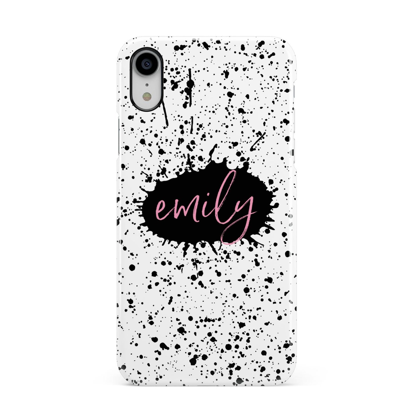 Personalised Black Ink Splat Clear Name Apple iPhone XR White 3D Snap Case