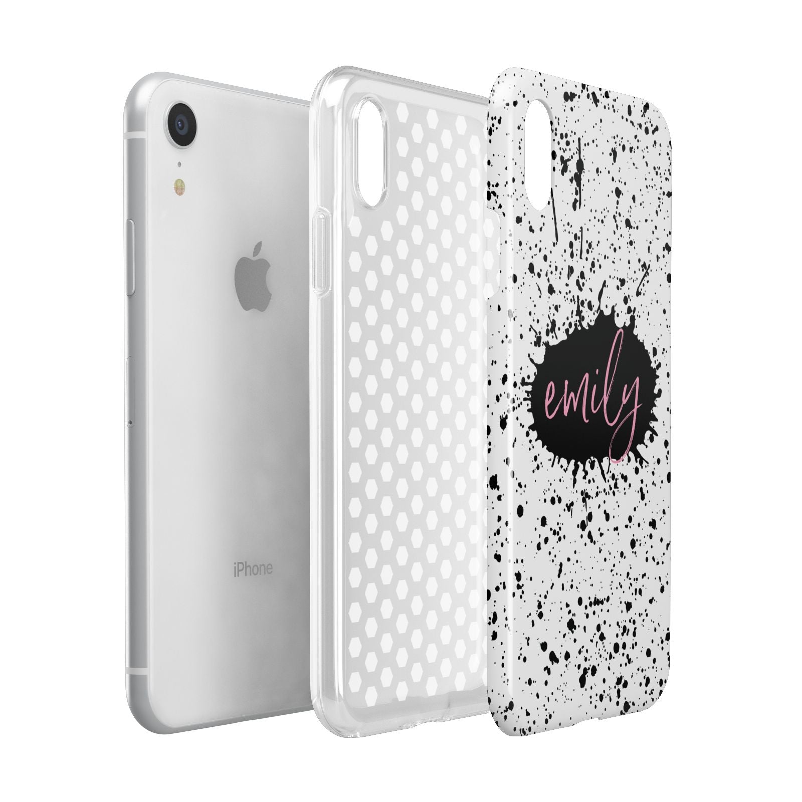 Personalised Black Ink Splat Clear Name Apple iPhone XR White 3D Tough Case Expanded view