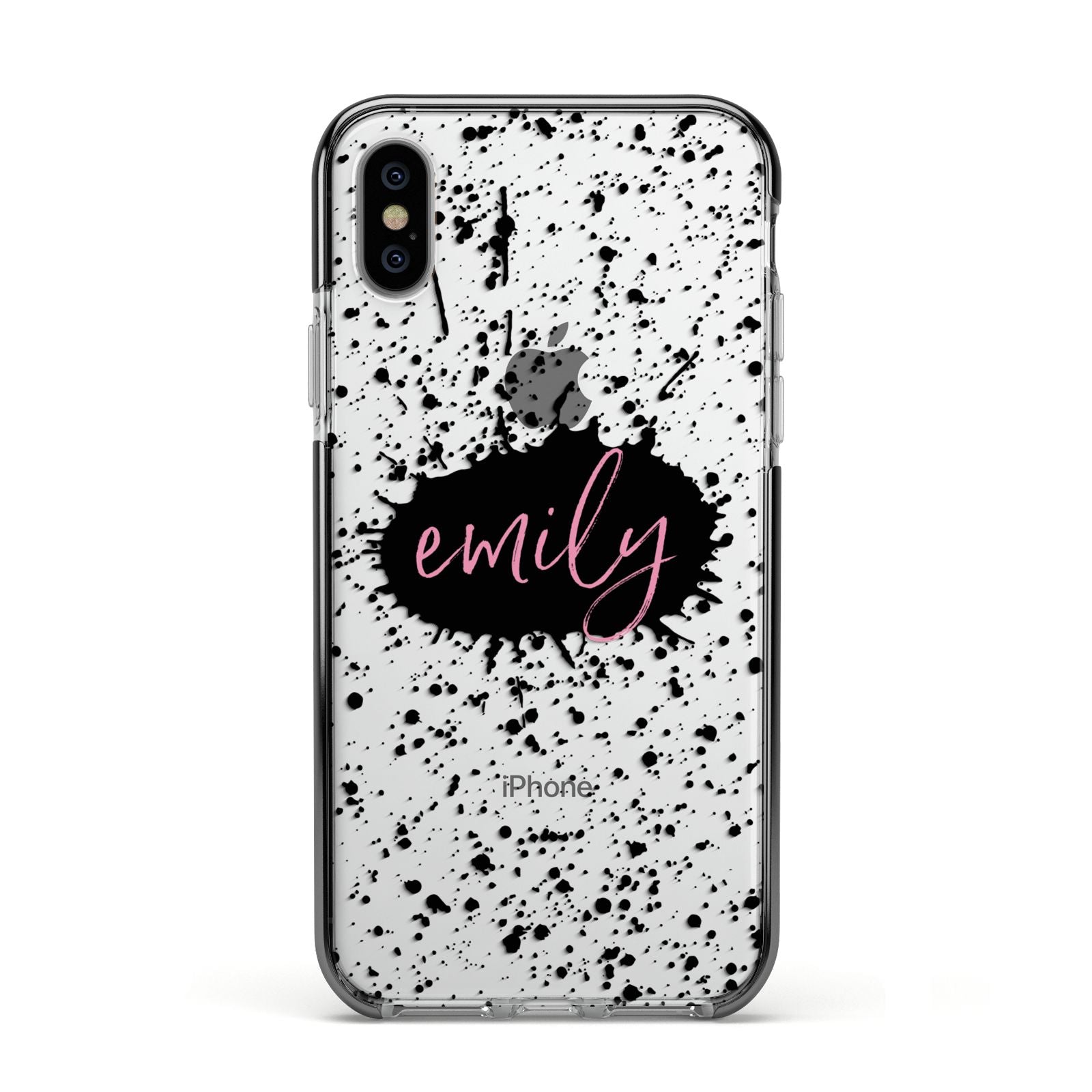 Personalised Black Ink Splat Clear Name Apple iPhone Xs Impact Case Black Edge on Silver Phone