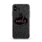 Personalised Black Ink Splat Clear Name Apple iPhone Xs Impact Case Pink Edge on Black Phone