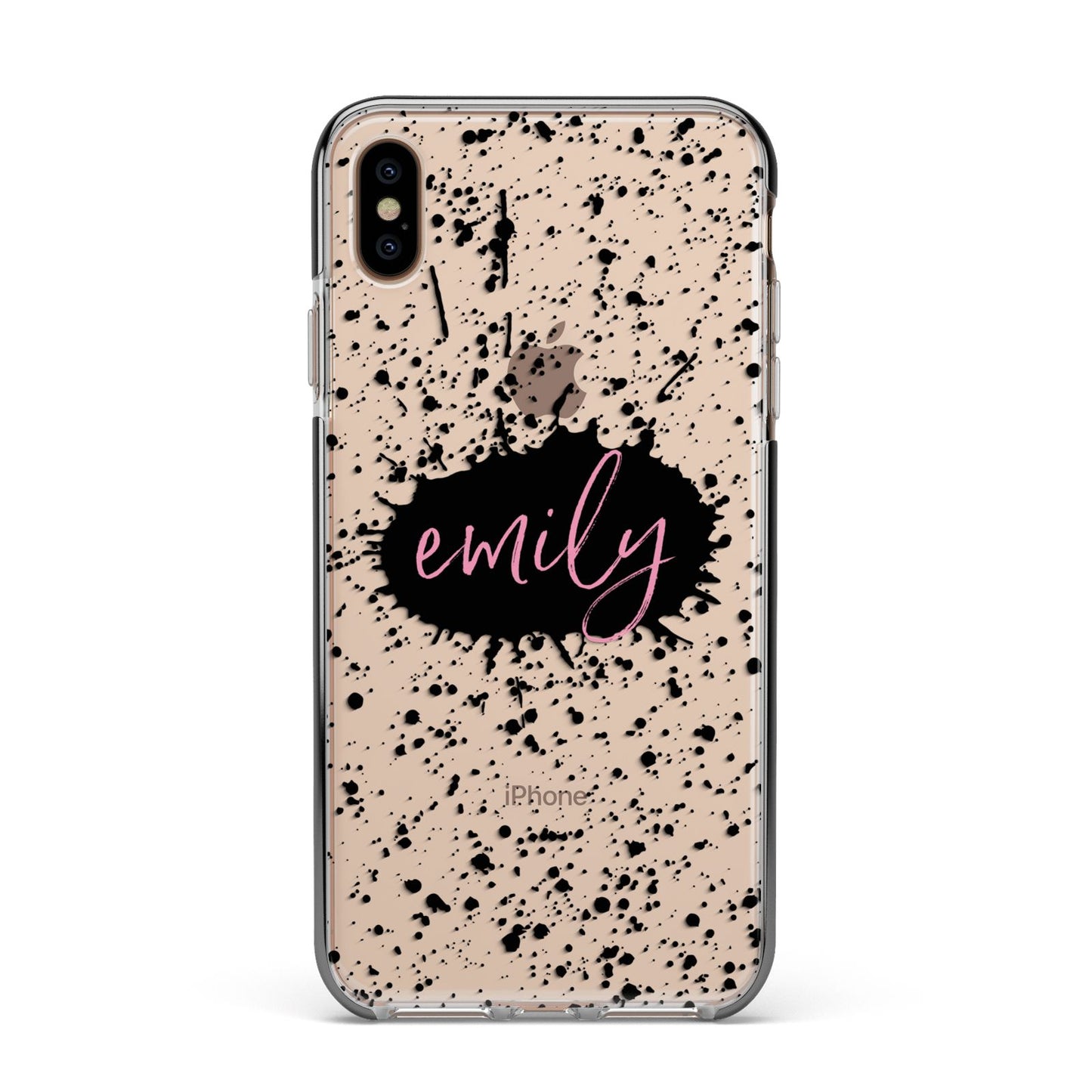 Personalised Black Ink Splat Clear Name Apple iPhone Xs Max Impact Case Black Edge on Gold Phone