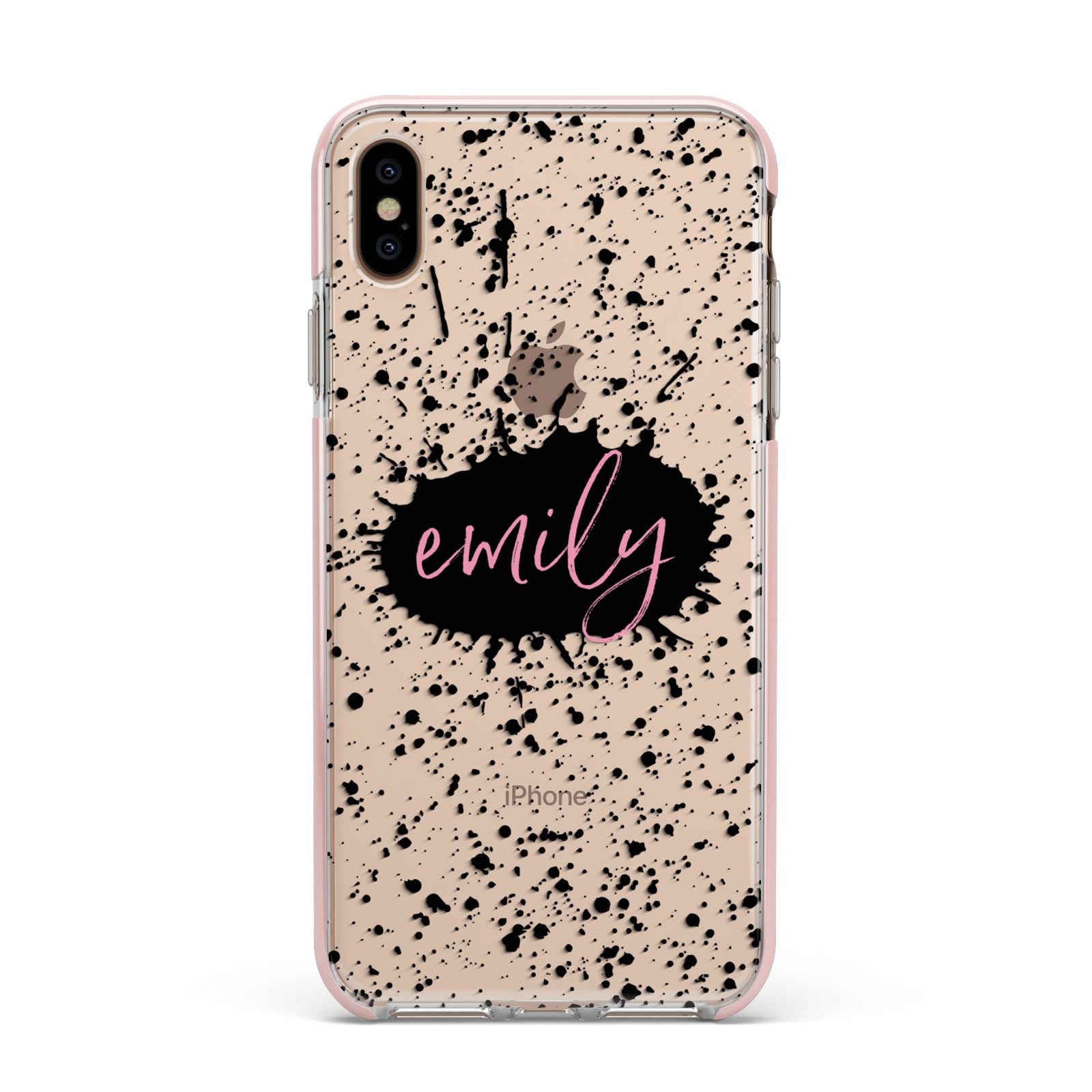 Personalised Black Ink Splat Clear Name Apple iPhone Xs Max Impact Case Pink Edge on Gold Phone