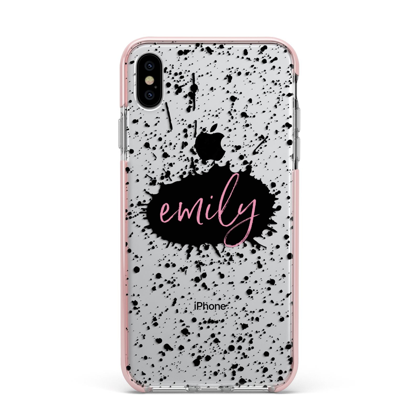 Personalised Black Ink Splat Clear Name Apple iPhone Xs Max Impact Case Pink Edge on Silver Phone