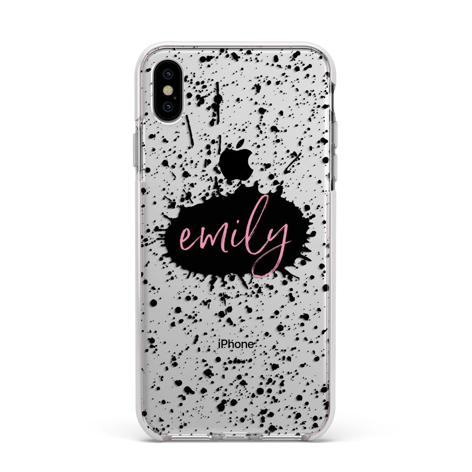 Personalised Black Ink Splat Clear Name Apple iPhone Xs Max Impact Case White Edge on Silver Phone