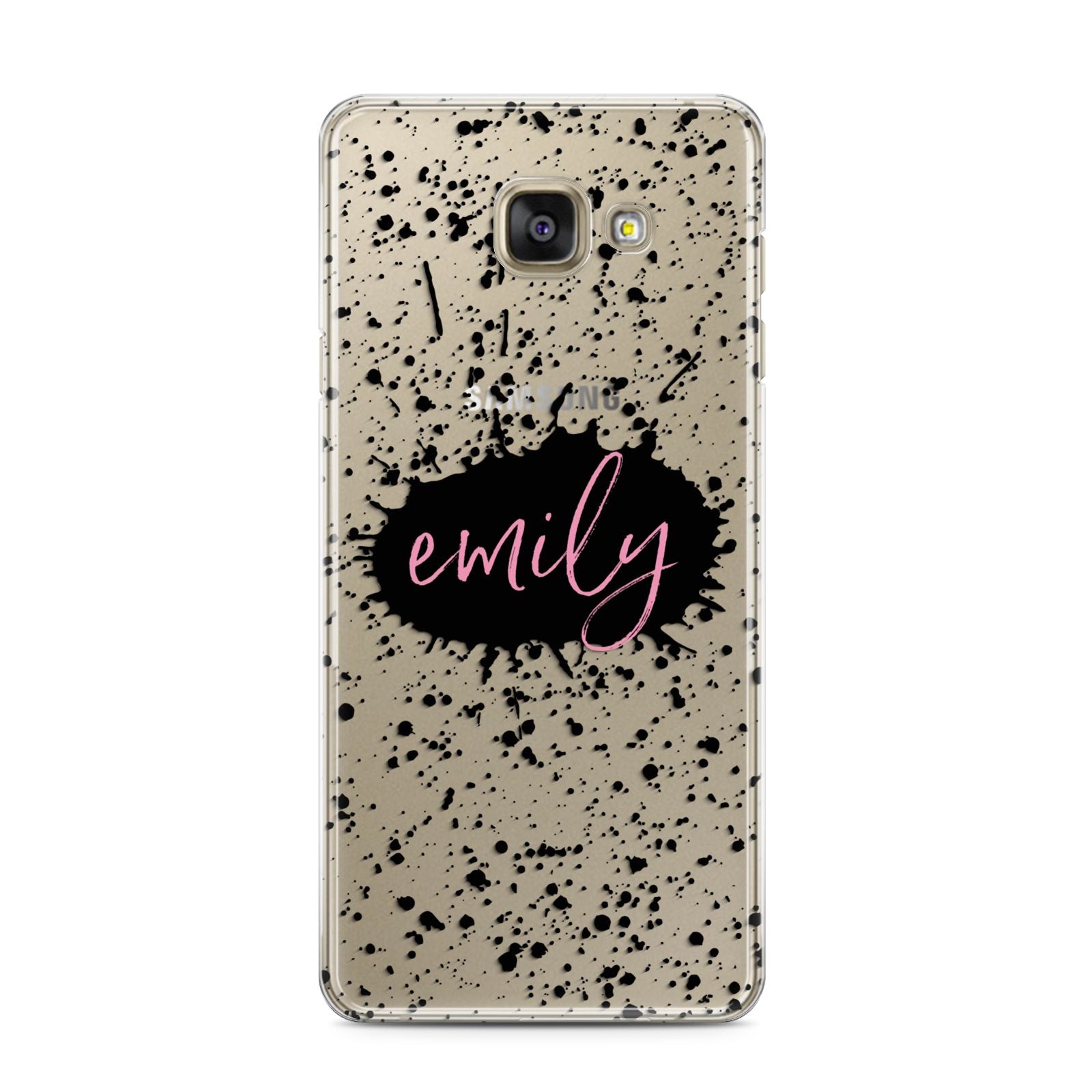 Personalised Black Ink Splat Clear Name Samsung Galaxy A3 2016 Case on gold phone
