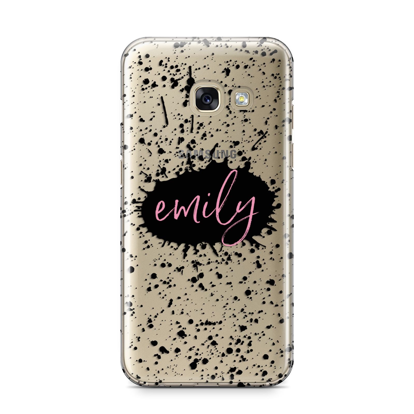 Personalised Black Ink Splat Clear Name Samsung Galaxy A3 2017 Case on gold phone