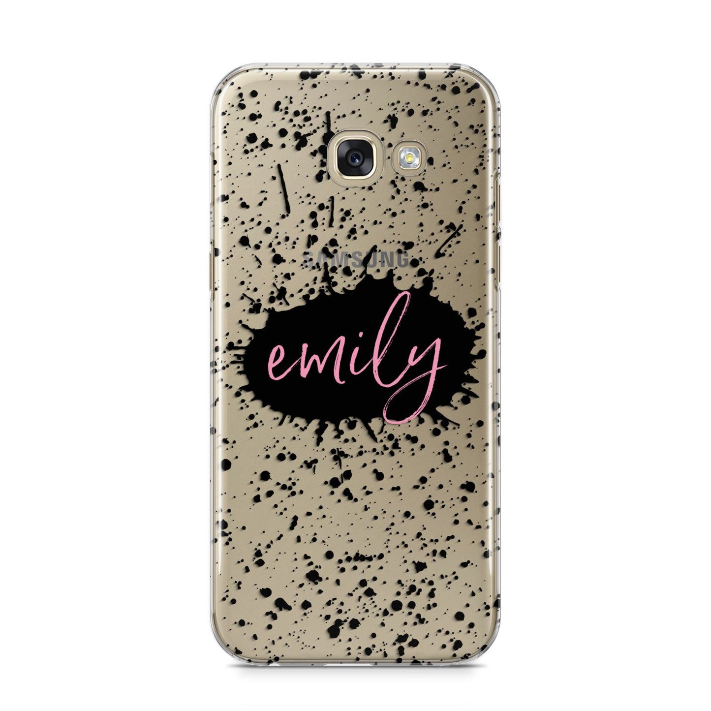 Personalised Black Ink Splat Clear Name Samsung Galaxy A5 2017 Case on gold phone