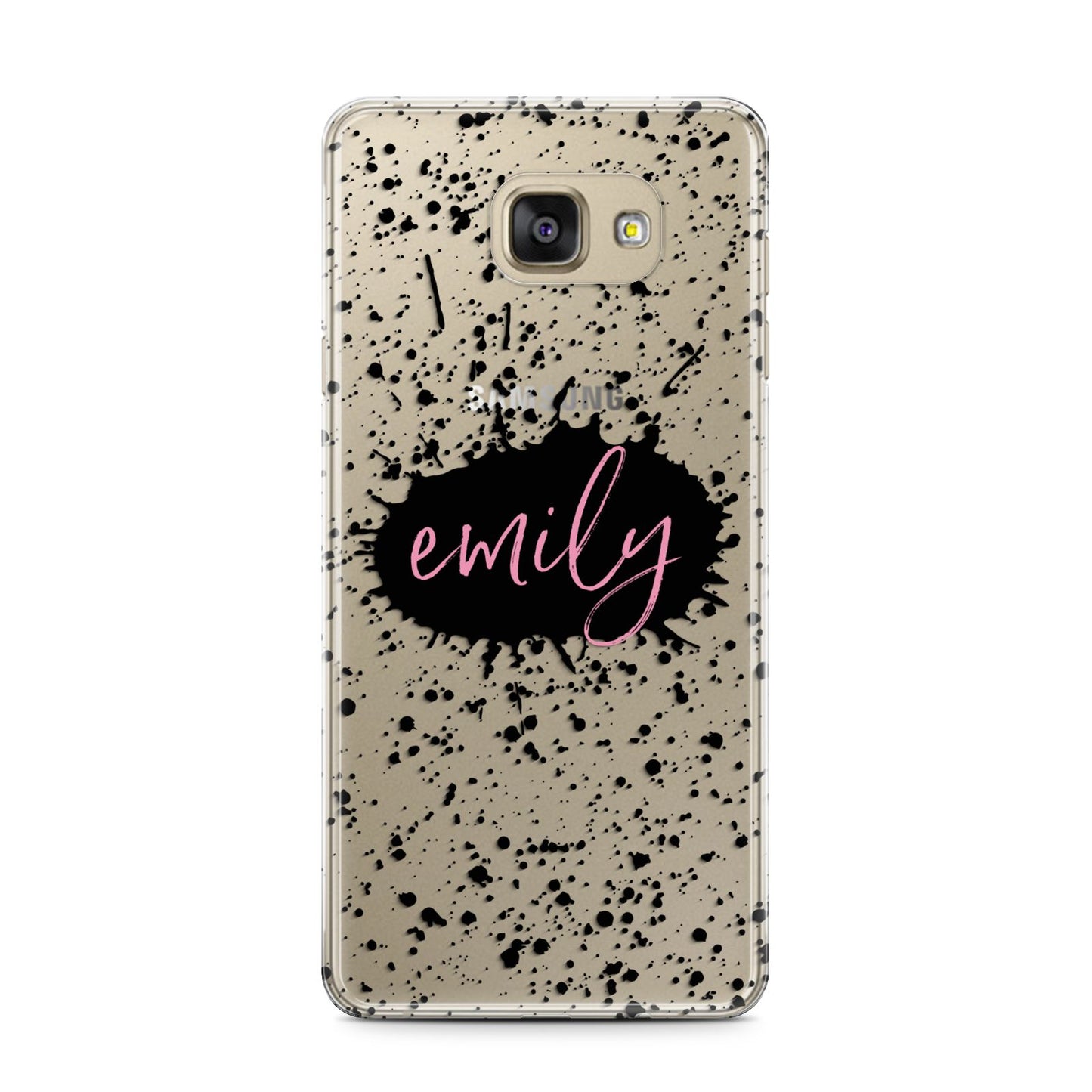 Personalised Black Ink Splat Clear Name Samsung Galaxy A7 2016 Case on gold phone