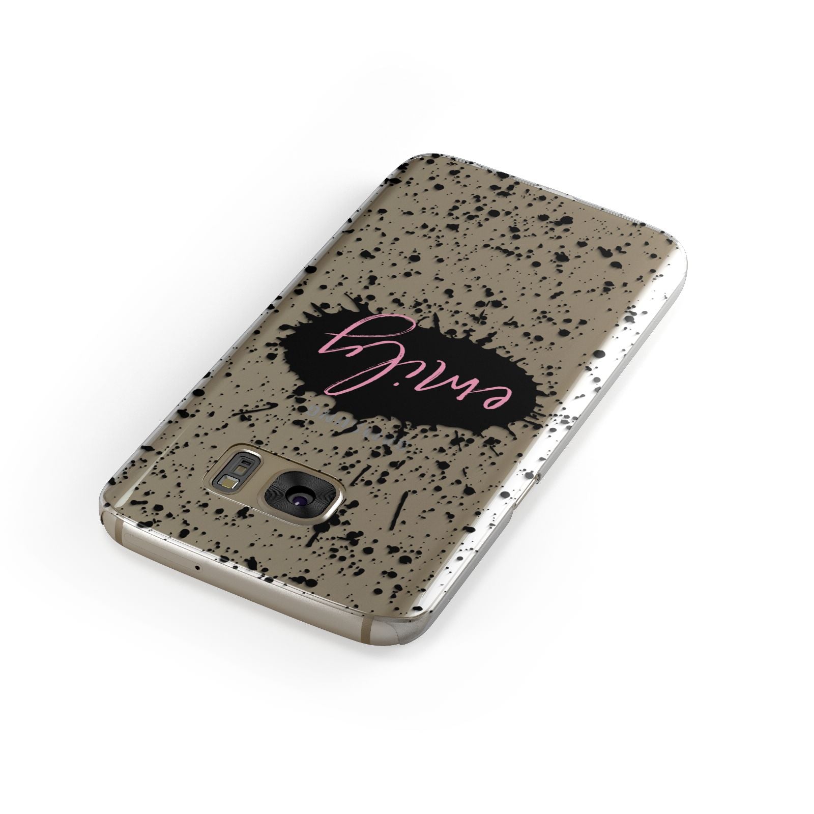 Personalised Black Ink Splat Clear Name Samsung Galaxy Case Front Close Up