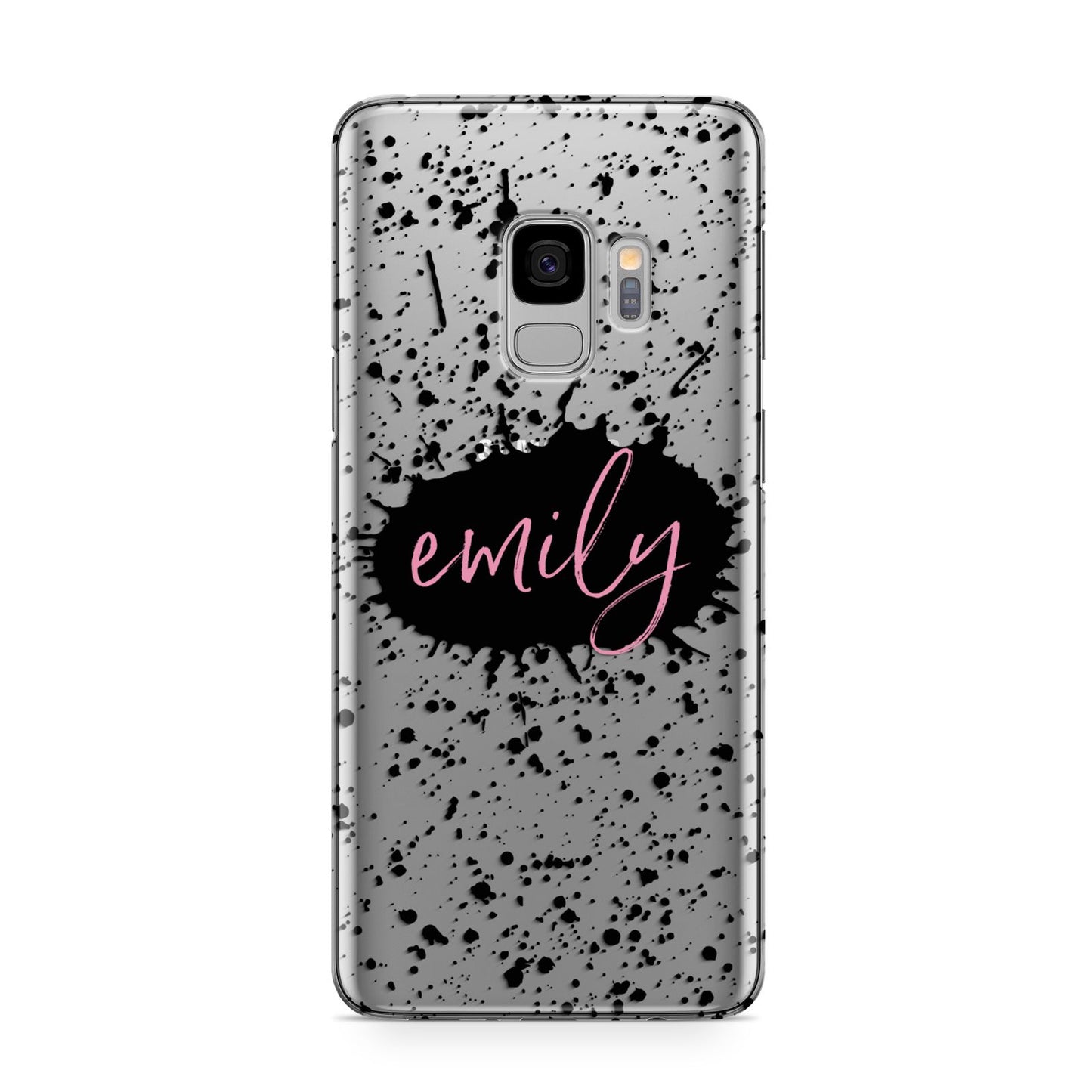 Personalised Black Ink Splat Clear Name Samsung Galaxy S9 Case
