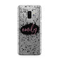 Personalised Black Ink Splat Clear Name Samsung Galaxy S9 Plus Case on Silver phone