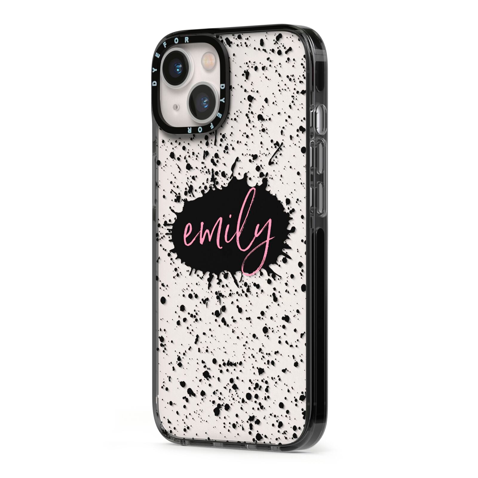 Personalised Black Ink Splat Clear Name iPhone 13 Black Impact Case Side Angle on Silver phone