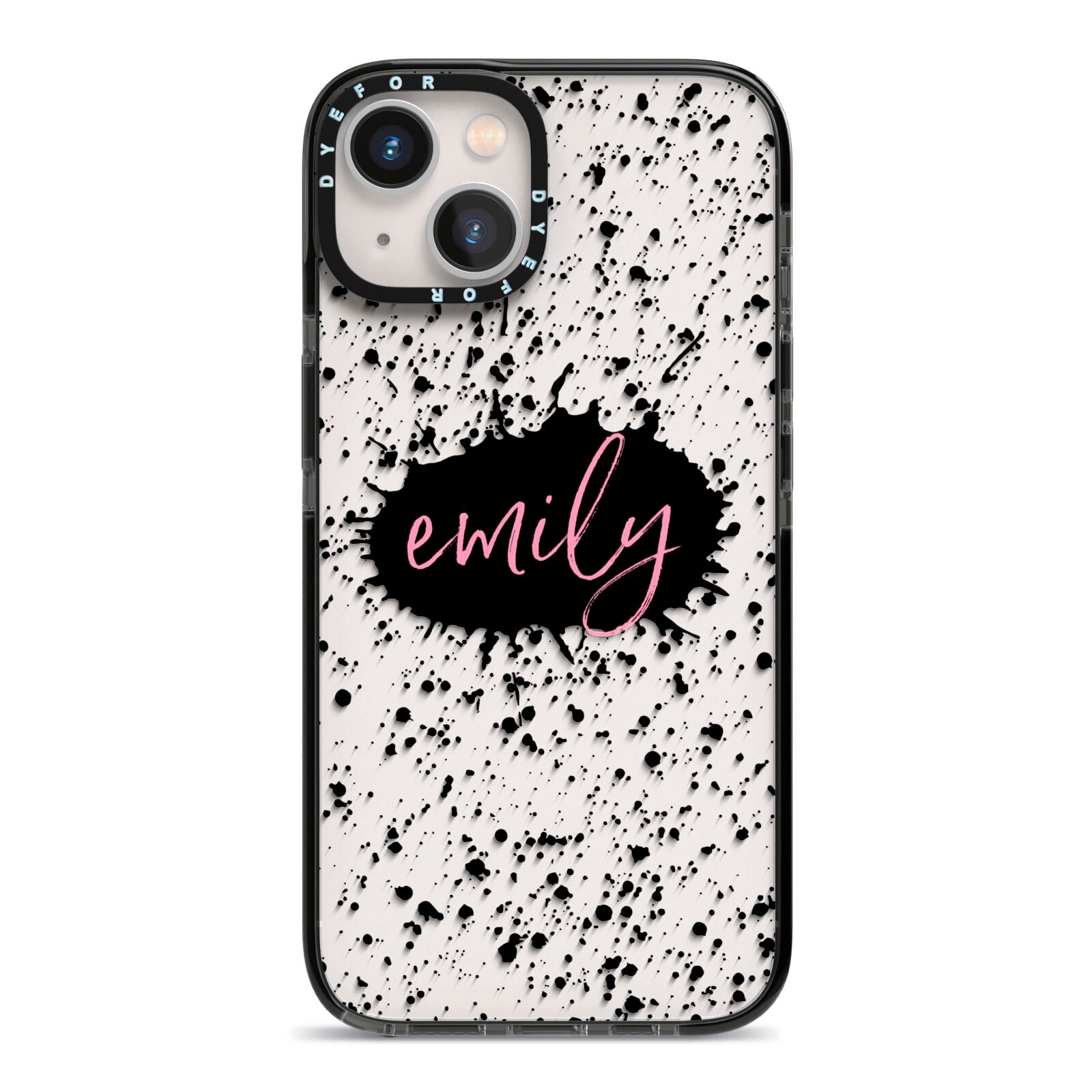 Personalised Black Ink Splat Clear Name iPhone 13 Black Impact Case on Silver phone