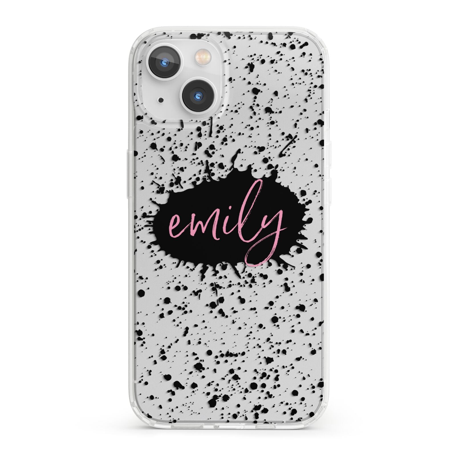 Personalised Black Ink Splat Clear Name iPhone 13 Clear Bumper Case