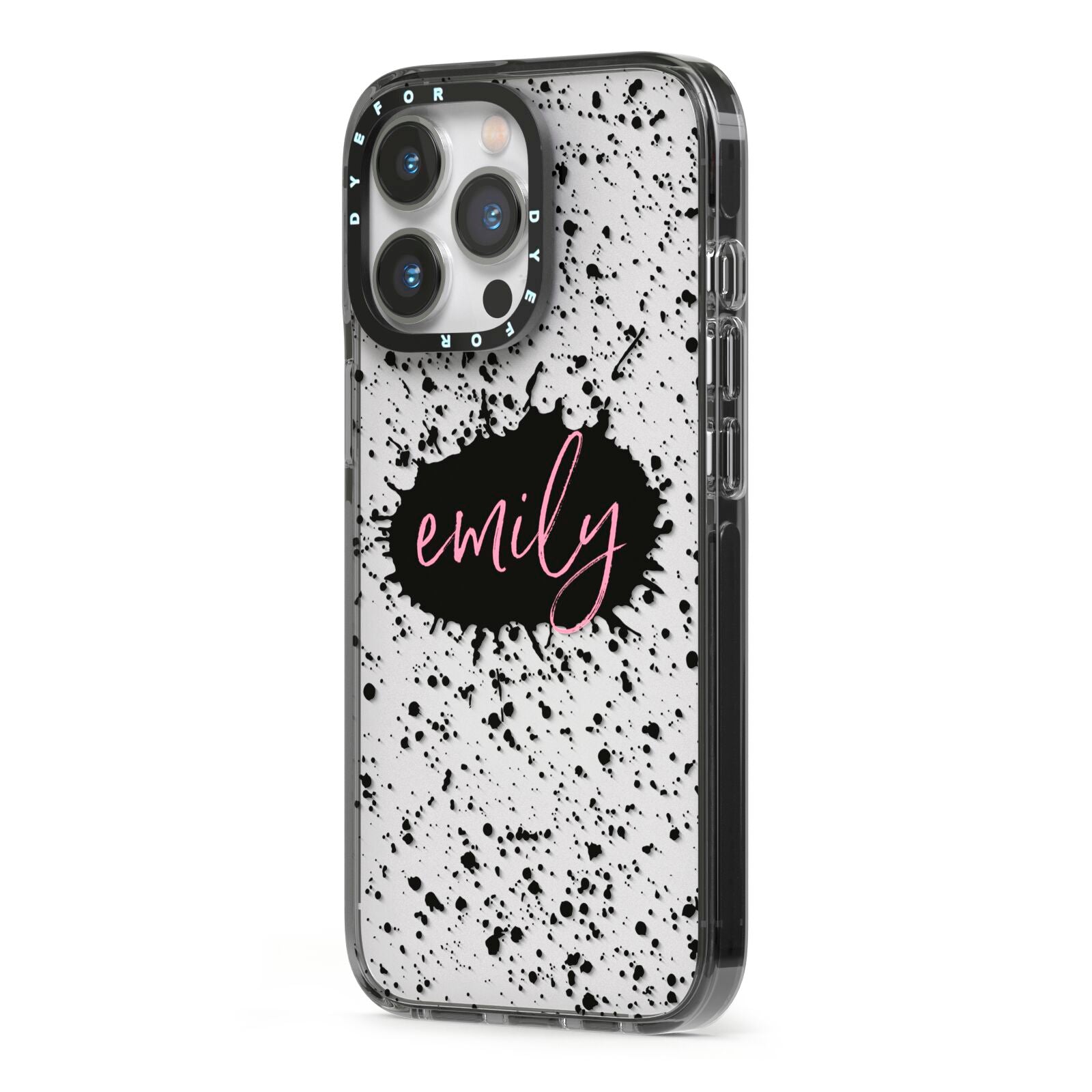 Personalised Black Ink Splat Clear Name iPhone 13 Pro Black Impact Case Side Angle on Silver phone