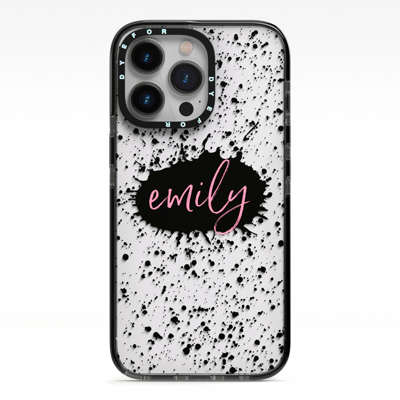 Personalised Black Ink Splat Clear Name iPhone 13 Pro Black Impact Case on Silver phone
