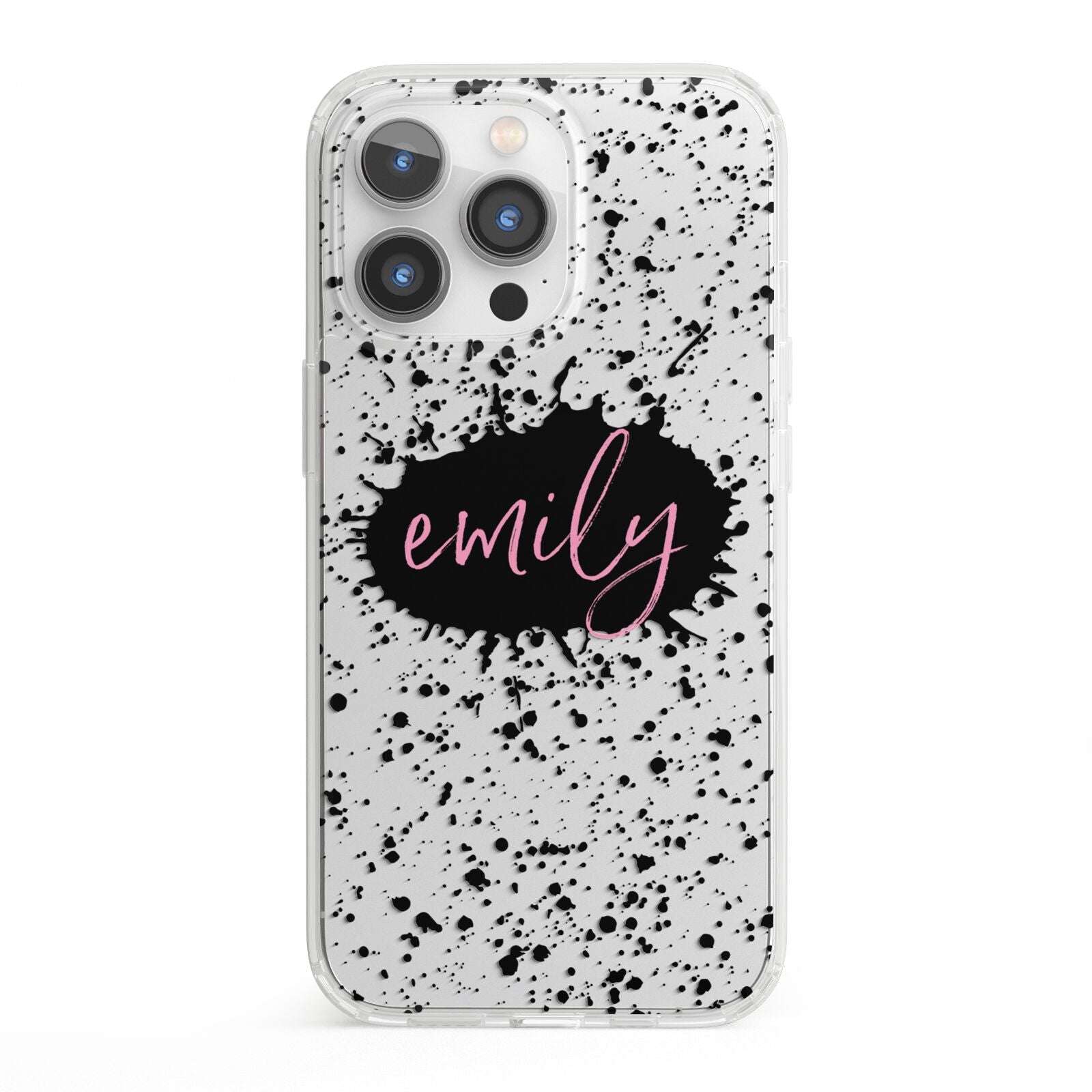 Personalised Black Ink Splat Clear Name iPhone 13 Pro Clear Bumper Case