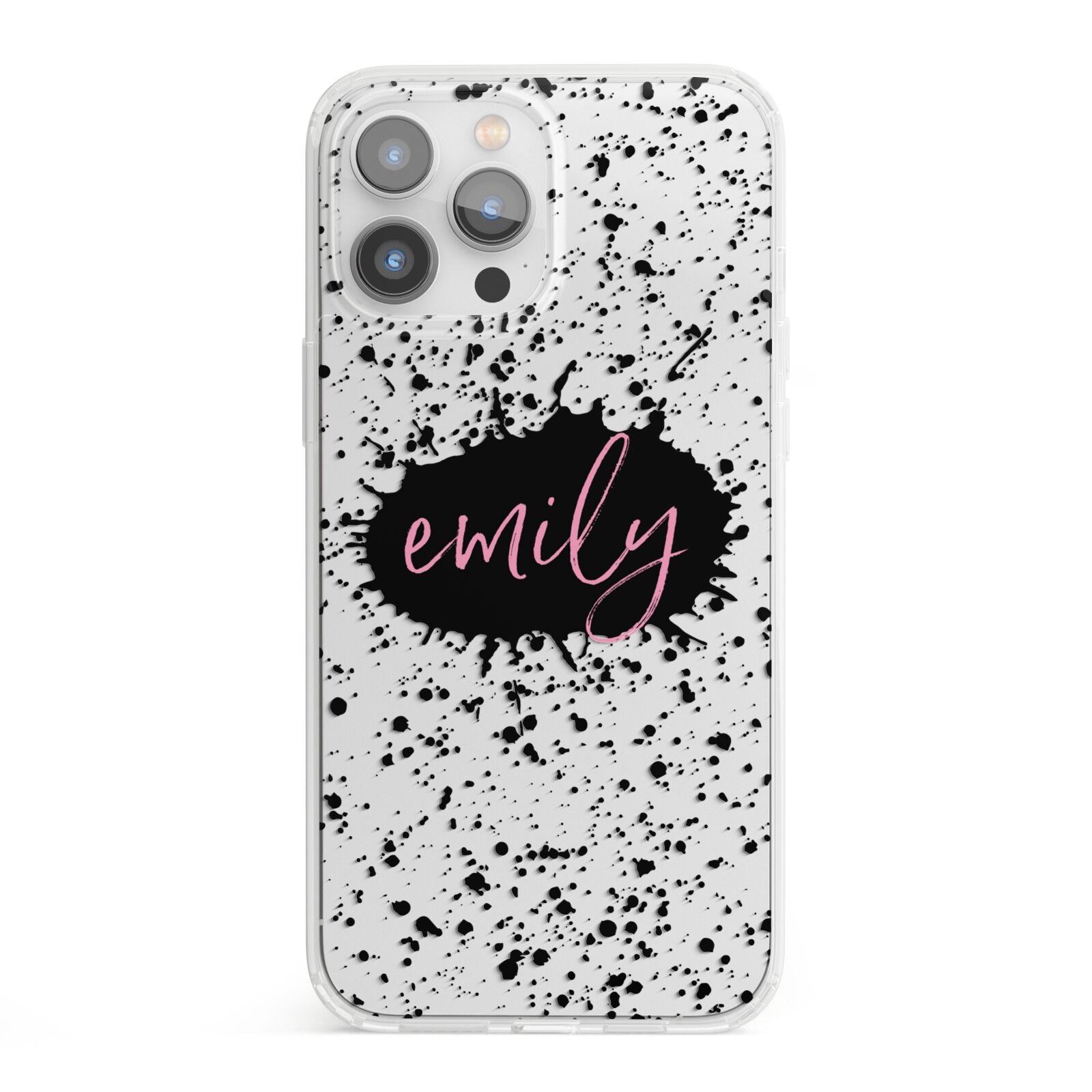 Personalised Black Ink Splat Clear Name iPhone 13 Pro Max Clear Bumper Case