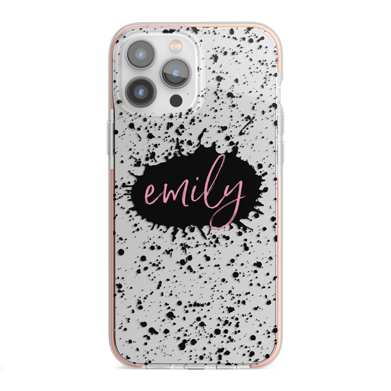 Personalised Black Ink Splat Clear Name iPhone 13 Pro Max TPU Impact Case with Pink Edges