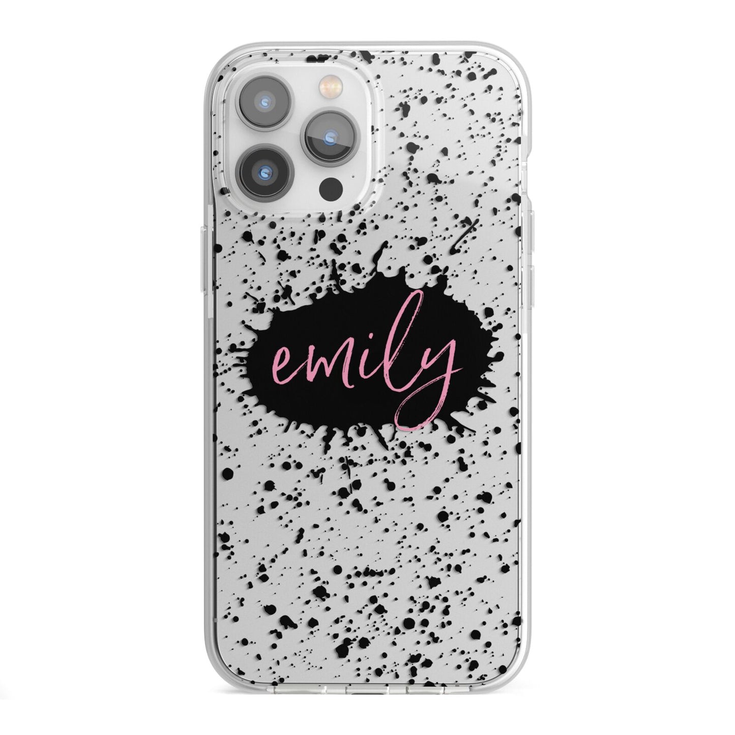Personalised Black Ink Splat Clear Name iPhone 13 Pro Max TPU Impact Case with White Edges