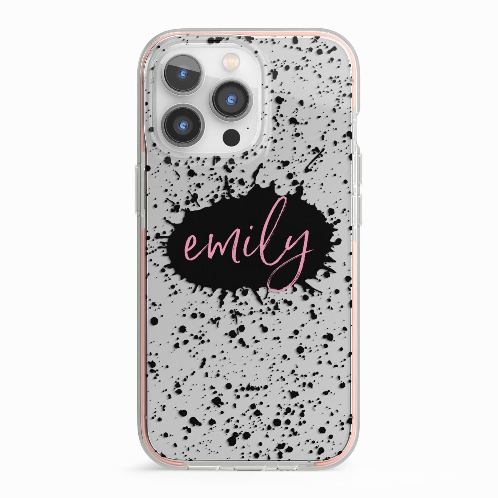 Personalised Black Ink Splat Clear Name iPhone 13 Pro TPU Impact Case with Pink Edges