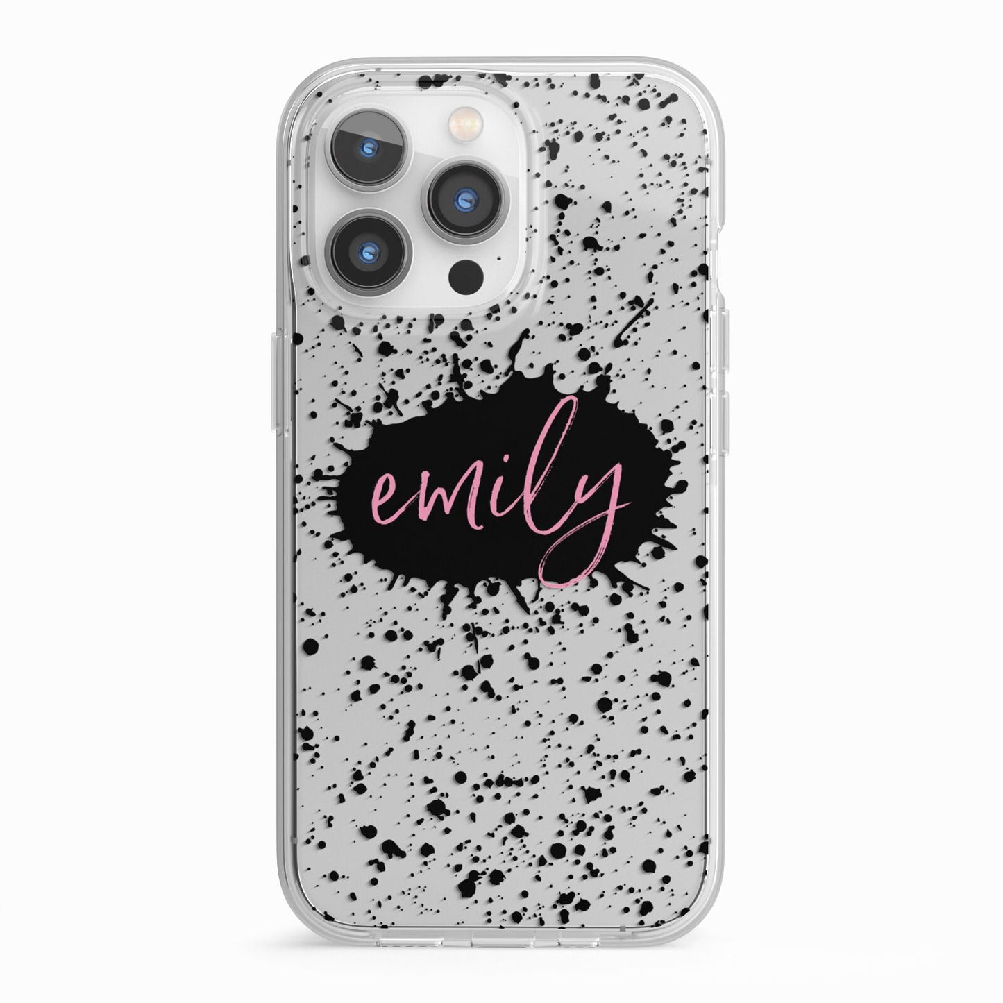 Personalised Black Ink Splat Clear Name iPhone 13 Pro TPU Impact Case with White Edges
