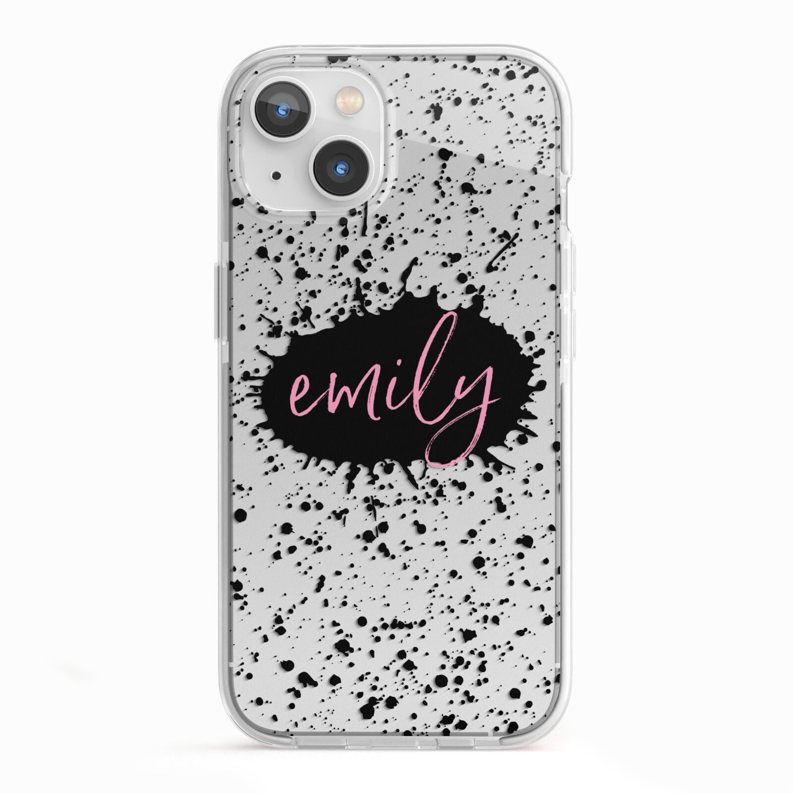 Personalised Black Ink Splat Clear Name iPhone 13 TPU Impact Case with White Edges