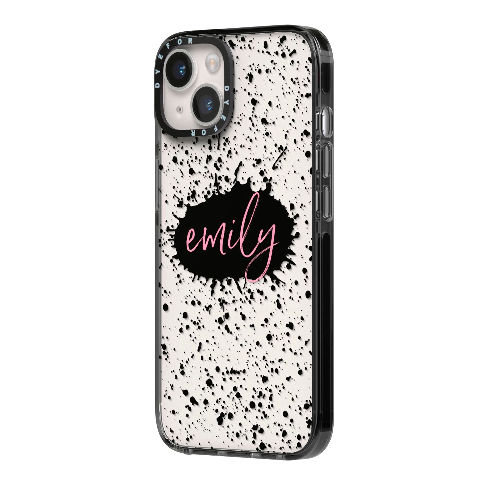 Personalised Black Ink Splat Clear Name iPhone 14 Black Impact Case Side Angle on Silver phone